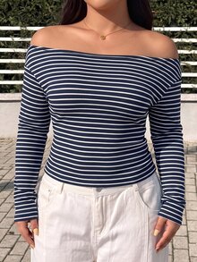 GalTyme Plus Size Women's Striped Asymmetrical Shoulder Casual Daily Long Sleeve T-Shirt Fall - Navy Blue - View 7