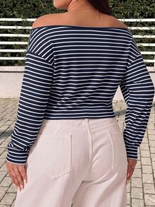 GalTyme Plus Size Women's Striped Asymmetrical Shoulder Casual Daily Long Sleeve T-Shirt Fall - Navy Blue - View 2