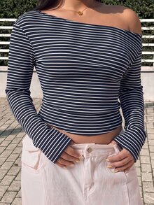 GalTyme Plus Size Women's Striped Asymmetrical Shoulder Casual Daily Long Sleeve T-Shirt Fall - Navy Blue - View 8