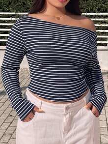 GalTyme Plus Size Women's Striped Asymmetrical Shoulder Casual Daily Long Sleeve T-Shirt Fall - Navy Blue - View 6