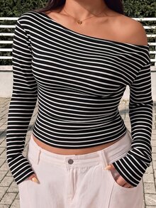 GalTyme Kaos Lengan Panjang Kasual Bergaris Bahu Asimetris untuk Wanita Ukuran Plus, Cocok untuk Sehari-hari di Musim Gugur - Hitam - View 1