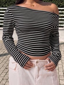 GalTyme Kaos Lengan Panjang Kasual Bergaris Bahu Asimetris untuk Wanita Ukuran Plus, Cocok untuk Sehari-hari di Musim Gugur - Hitam - View 8