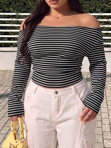 GalTyme Kaos Lengan Panjang Kasual Bergaris Bahu Asimetris untuk Wanita Ukuran Plus, Cocok untuk Sehari-hari di Musim Gugur - Hitam - View 3