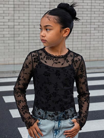 SHEIN Kids Tween Girls Casual Elegant Street Lace Flocked Mesh Crew Neck Long Sleeve T-Shirt With Camisole, Halloween Outfit