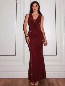 Allurite Sexy Elegant Burgundy Draped Neckline With Inner Lace Patchwork, Full Back Sheer Lace Fitted Mermaid Long Dress, Suitable For Evening Party, Birthday Party, Hosting, Date And Other Formal Occasions - Burgundy - View 1