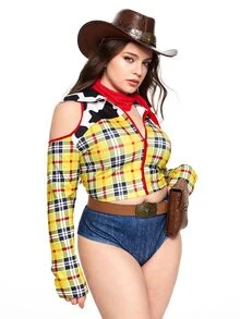 ROMWE Avant 大尺碼女款格紋拼接上衣三角內褲休閒性感寬鬆萬聖節 Cosplay 角色扮演舞台表演服裝 2 件套 派對夜店 - 彩色 - 查看 6