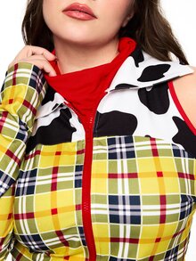 ROMWE Avant 大尺碼女款格紋拼接上衣三角內褲休閒性感寬鬆萬聖節 Cosplay 角色扮演舞台表演服裝 2 件套 派對夜店 - 彩色 - 查看 3