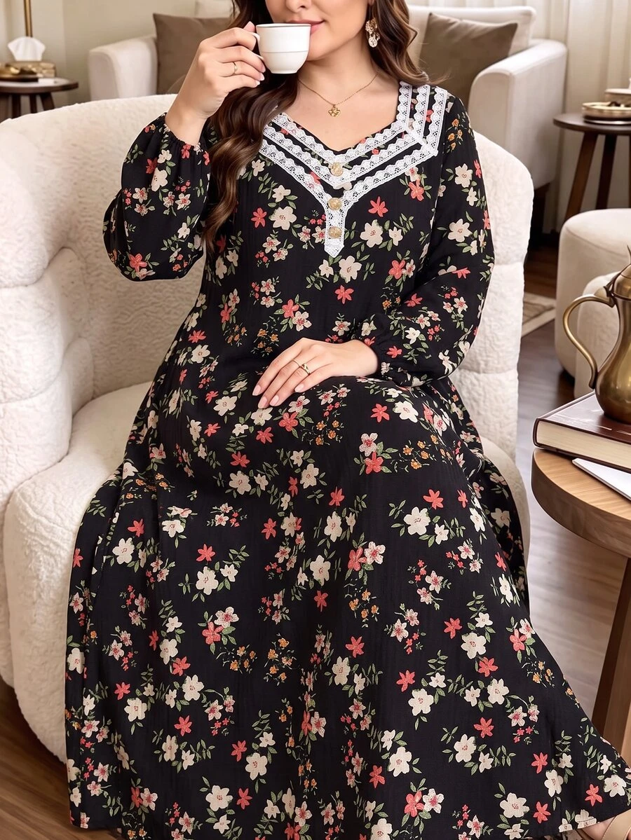 Lacomfia Casual Minimalist Floral Sweetheart Neckline Lace Trim Metal Button Decor Long Sleeve Loose Regular Fit Plus Size Dress For Spring And Autumn - Multicolor - View 1