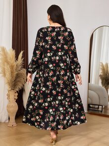 Lacomfia Casual Minimalist Floral Sweetheart Neckline Lace Trim Metal Button Decor Long Sleeve Loose Regular Fit Plus Size Dress For Spring And Autumn - Multicolor - View 2
