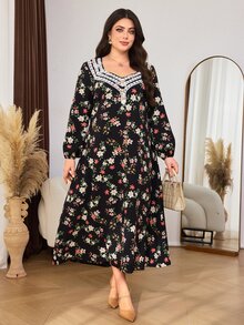 Lacomfia Casual Minimalist Floral Sweetheart Neckline Lace Trim Metal Button Decor Long Sleeve Loose Regular Fit Plus Size Dress For Spring And Autumn - Multicolor - View 7
