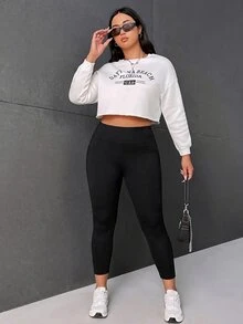 SHEIN EZwear 大尺碼女款字母印花牛仔休閒基礎百搭緊身內搭褲，黑色，適合居家度假，秋季 - 彩色 - 查看 5