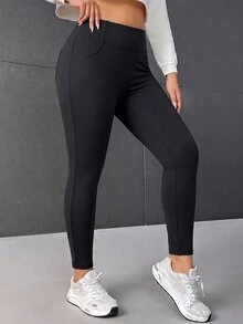 SHEIN EZwear 大尺碼女款字母印花牛仔休閒基礎百搭緊身內搭褲，黑色，適合居家度假，秋季 - 彩色 - 查看 1