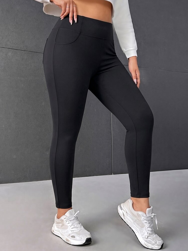 SHEIN EZwear Plus Size Women's Letter Print Denim Casual Básica Versatile Skinny Leggings Home Vacation Black Fall - Multicolor - View 1
