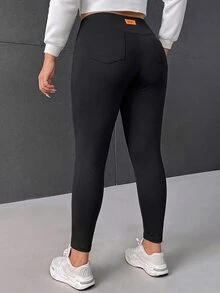SHEIN EZwear 大尺碼女款字母印花牛仔休閒基礎百搭緊身內搭褲，黑色，適合居家度假，秋季 - 彩色 - 查看 2