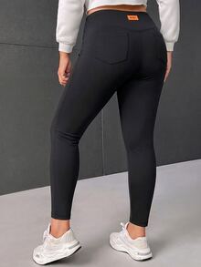 SHEIN EZwear 大尺碼女款字母印花牛仔休閒基礎百搭緊身內搭褲，黑色，適合居家度假，秋季 - 彩色 - 查看 3