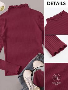 SHEIN EZwear Burgundy Ribbed Knit Plus Size Women's Mock Neck T-Shirt Fall - Burgundy - View 7