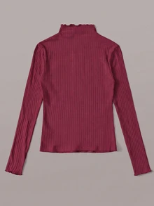 SHEIN EZwear Burgundy Ribbed Knit Plus Size Women's Mock Neck T-Shirt Fall - Burgundy - View 2