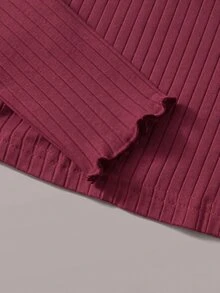 SHEIN EZwear Burgundy Ribbed Knit Plus Size Women's Mock Neck T-Shirt Fall - Burgundy - View 6