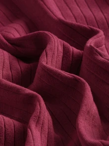 SHEIN EZwear Burgundy Ribbed Knit Plus Size Women's Mock Neck T-Shirt Fall - Burgundy - View 3