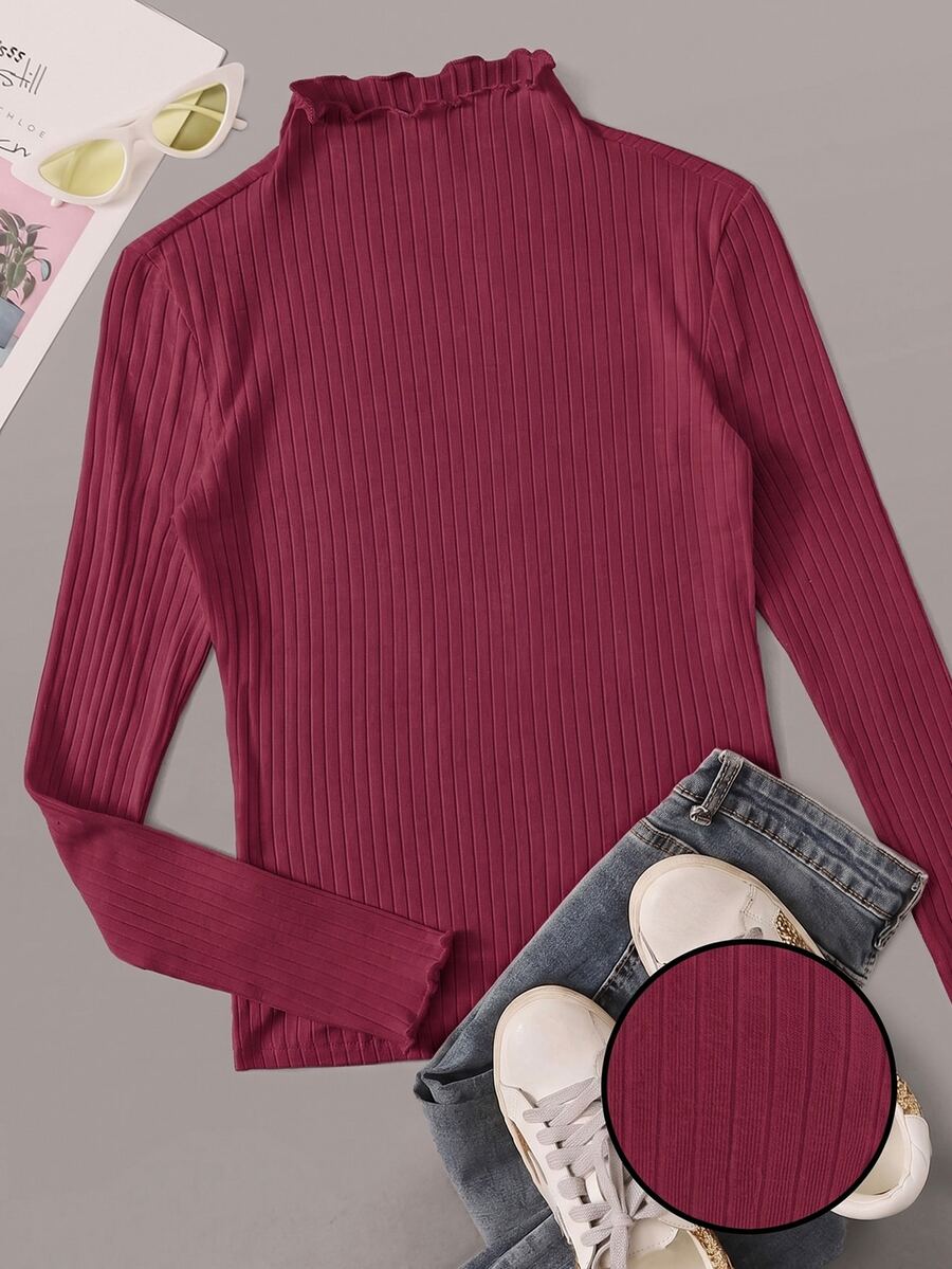 SHEIN EZwear Burgundy Ribbed Knit Plus Size Women's Mock Neck T-Shirt Fall - Burgundy - View 1