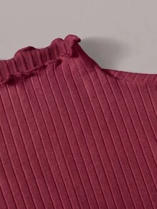 SHEIN EZwear Burgundy Ribbed Knit Plus Size Women's Mock Neck T-Shirt Fall - Burgundy - View 8