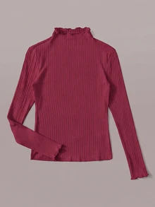SHEIN EZwear Burgundy Ribbed Knit Plus Size Women's Mock Neck T-Shirt Fall - Burgundy - View 5