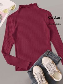 SHEIN EZwear Burgundy Ribbed Knit Plus Size Women's Mock Neck T-Shirt Fall - Burgundy - View 4