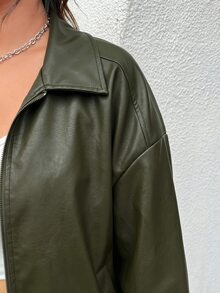 Muchica Vintage Green Plus Size Distressed PU Leather Loose Jacket Winter - Fresh Green - View 9