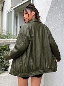 Muchica Vintage Green Plus Size Distressed PU Leather Loose Jacket Winter - Fresh Green - View 2