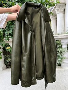 Muchica Vintage Green Plus Size Distressed PU Leather Loose Jacket Winter - Fresh Green - View 3