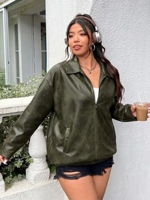 Muchica Vintage Green Plus Size Distressed PU Leather Loose Jacket Winter - Fresh Green - View 6