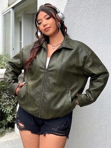 Muchica Vintage Green Plus Size Distressed PU Leather Loose Jacket Winter - Fresh Green - View 1