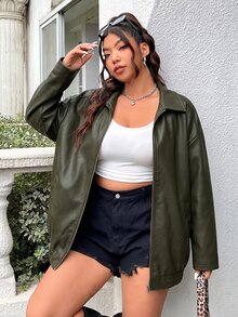 Muchica Vintage Green Plus Size Distressed PU Leather Loose Jacket Winter - Fresh Green - View 8