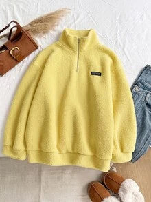 Comfortcana Plus Size Autumn/Winter Lamb Wool Denim Zip-Up Half-Placket Sweatshirt Fall - Pale Yellow - View 3