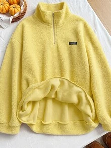 Comfortcana Plus Size Autumn/Winter Lamb Wool Denim Zip-Up Half-Placket Sweatshirt Fall - Pale Yellow - View 6