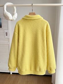 Comfortcana Plus Size Autumn/Winter Lamb Wool Denim Zip-Up Half-Placket Sweatshirt Fall - Pale Yellow - View 2