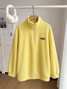 Comfortcana Plus Size Autumn/Winter Lamb Wool Denim Zip-Up Half-Placket Sweatshirt Fall - Pale Yellow - View 8