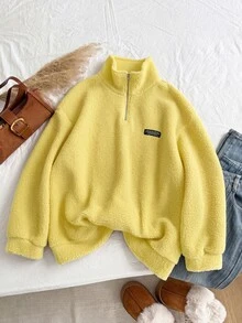Comfortcana Plus Size Autumn/Winter Lamb Wool Denim Zip-Up Half-Placket Sweatshirt Fall - Pale Yellow - View 1
