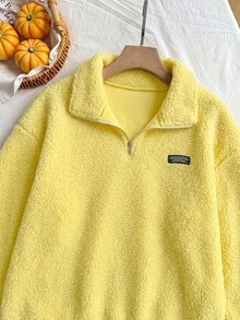 Comfortcana Plus Size Autumn/Winter Lamb Wool Denim Zip-Up Half-Placket Sweatshirt Fall - Pale Yellow - View 4