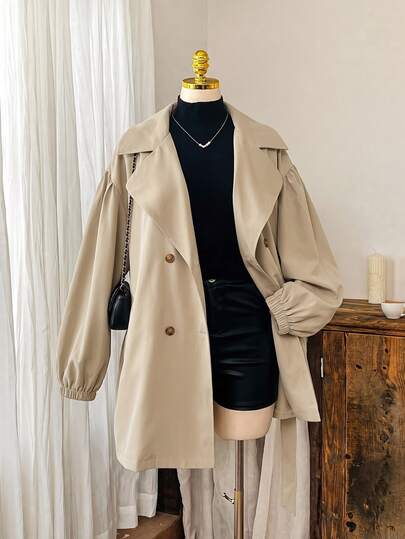 Comfortcana Plus Size Women's Solid Color Casual Elegant Smart Versatile Daily Travel Trench Coat Fall Office Working Grey