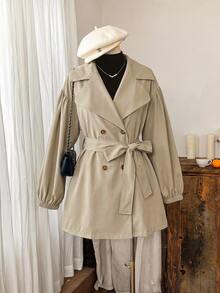 Comfortcana Plus Size Women's Solid Color Casual Elegant Smart Versatile Daily Travel Trench Coat Fall Office Working Grey - Light Grey - View 3
