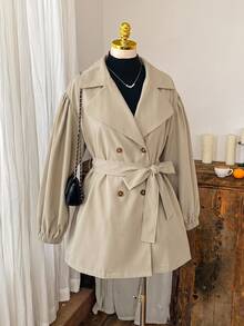 Comfortcana Plus Size Women's Solid Color Casual Elegant Smart Versatile Daily Travel Trench Coat Fall Office Working Grey - Light Grey - View 4