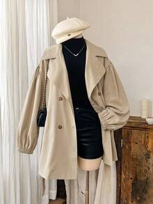 Comfortcana Plus Size Women's Solid Color Casual Elegant Smart Versatile Daily Travel Trench Coat Fall Office Working Grey - Light Grey - View 6