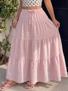GalTyme Pink Casual Plus Size Women's Waist Tie Ruffle Hem Skirt - Pink - View 6