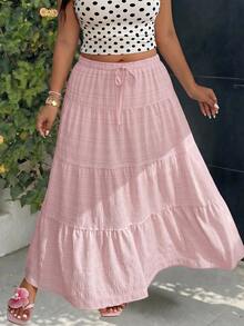 GalTyme Pink Casual Plus Size Women's Waist Tie Ruffle Hem Skirt - Pink - View 3