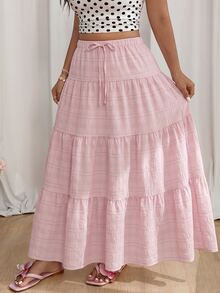 GalTyme Pink Casual Plus Size Women's Waist Tie Ruffle Hem Skirt - Pink - View 5