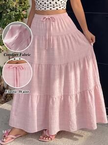 GalTyme Pink Casual Plus Size Women's Waist Tie Ruffle Hem Skirt - Pink - View 1