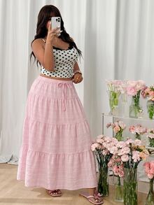 GalTyme Pink Casual Plus Size Women's Waist Tie Ruffle Hem Skirt - Pink - View 7