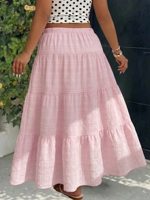 GalTyme Pink Casual Plus Size Women's Waist Tie Ruffle Hem Skirt - Pink - View 2