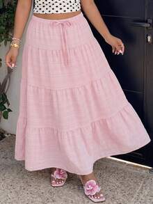 GalTyme Pink Casual Plus Size Women's Waist Tie Ruffle Hem Skirt - Pink - View 4